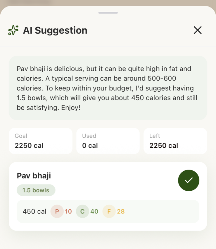 Numotiv AI suggestion showing portion guidance, calorie context, and macros before logging Pav bhaji