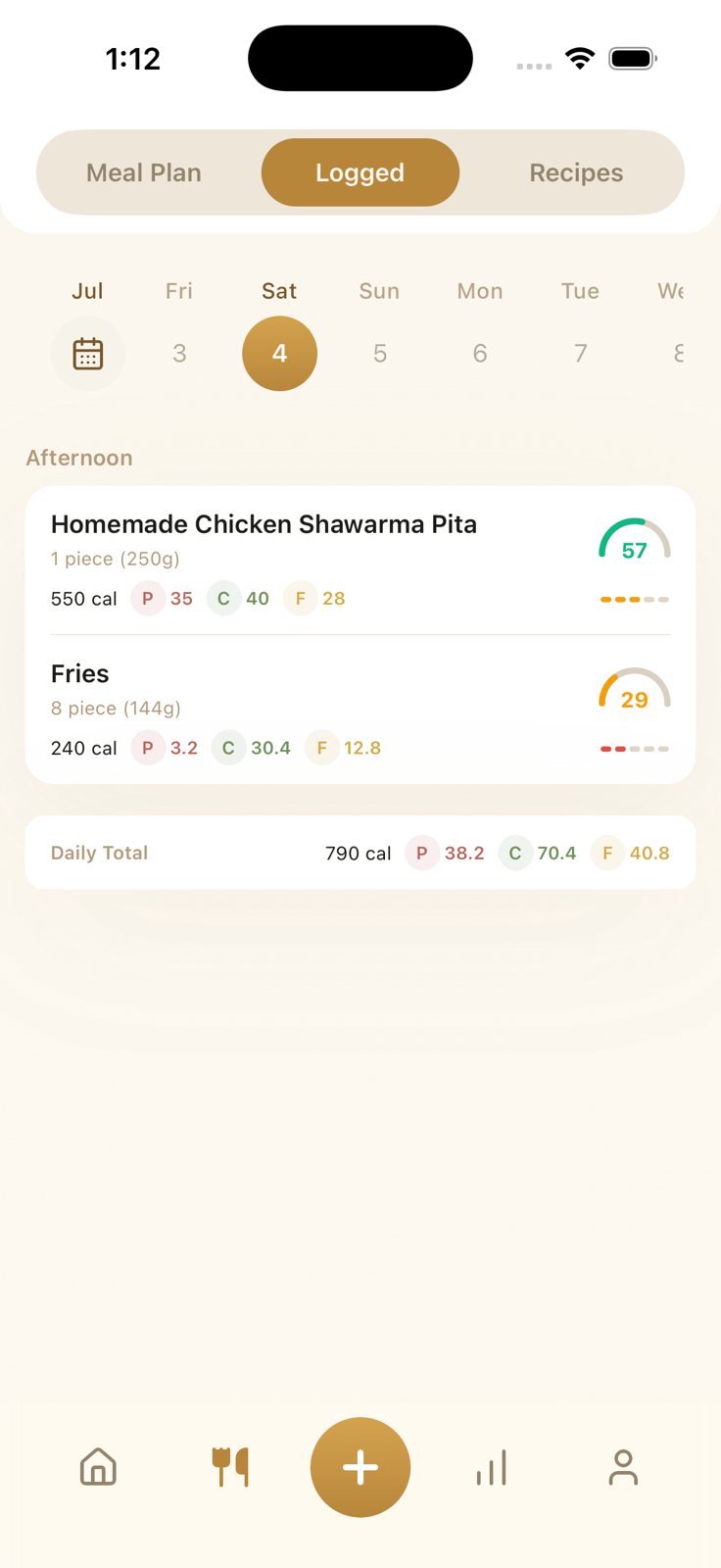Logged meals screen with food portions, macros, Meal Scores, and daily totals