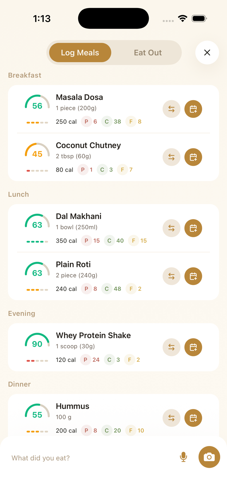 Log Meals screen showing today's planned meals with text, microphone, and camera logging controls