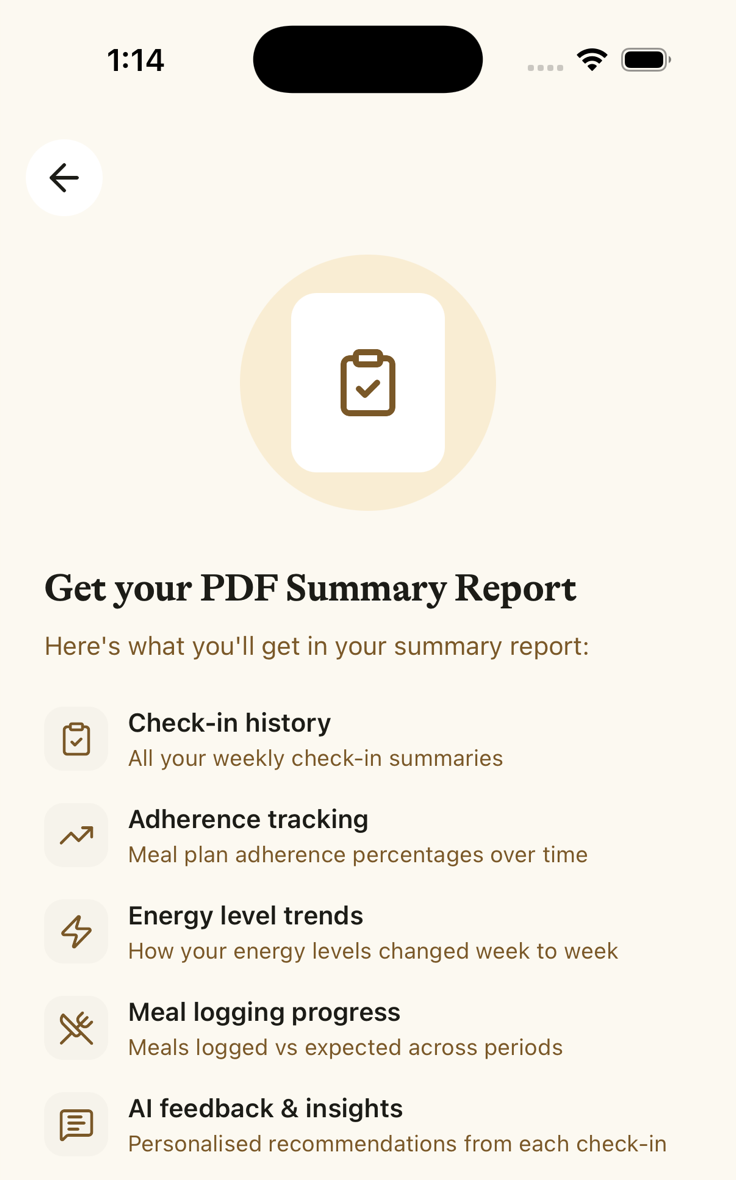 PDF Summary Report showing check-in, adherence, energy, meal logging, and AI feedback